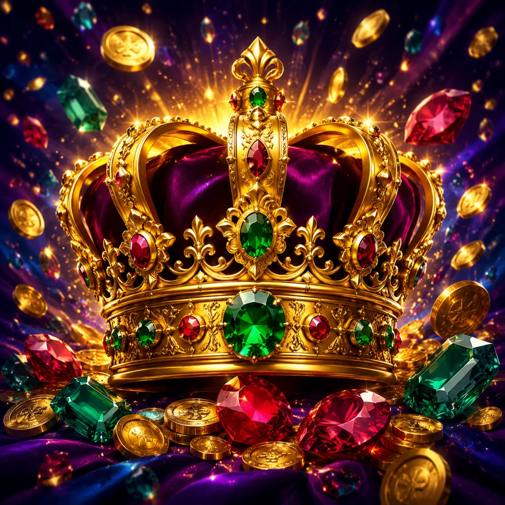 Royal crown, gems and gold coins in a jackpot game scene