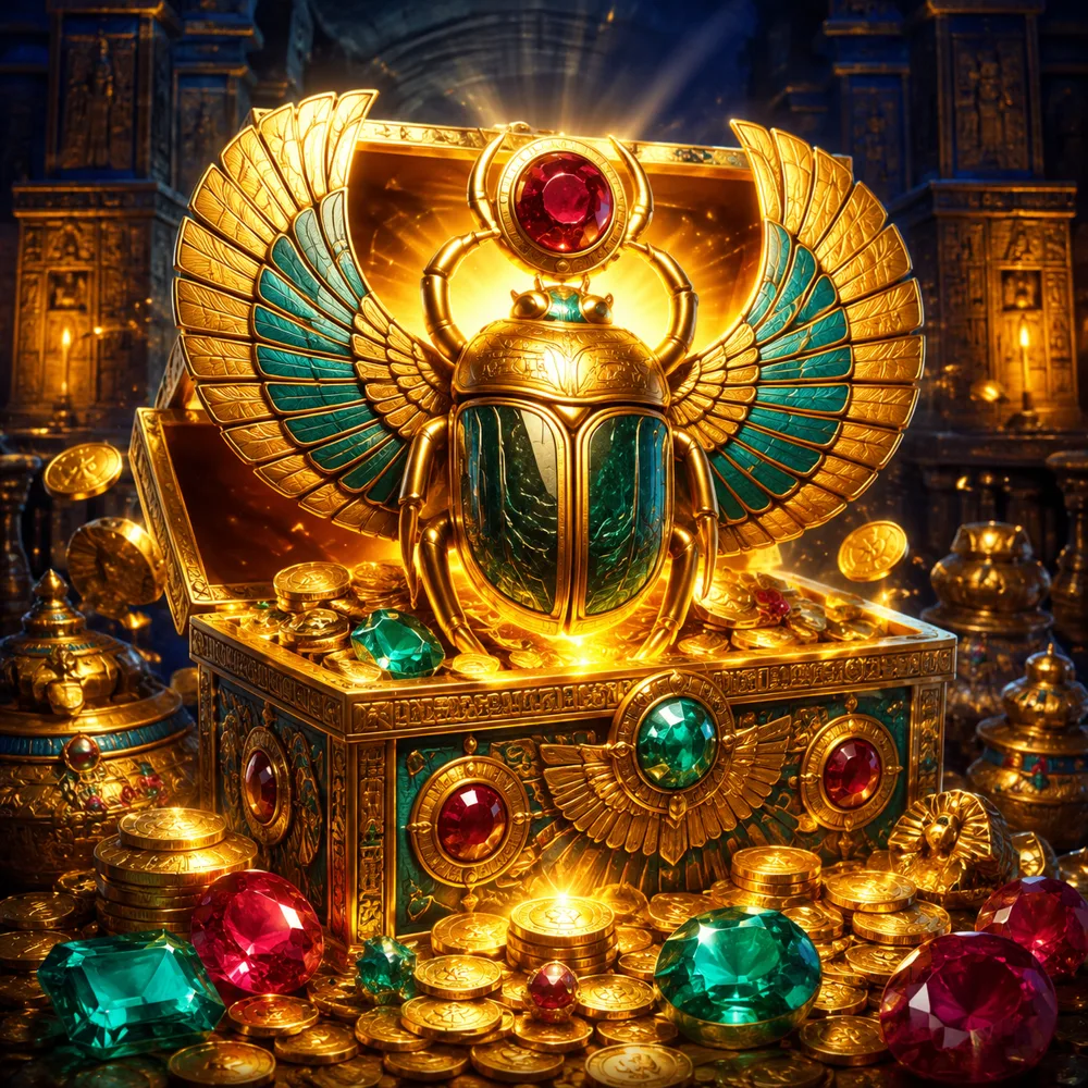 Golden ancient treasure chamber filled with gems and coins